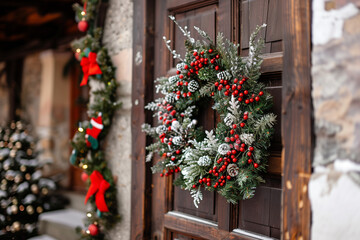 Fototapeta premium Christmas Wreath hanging on house door as festive decoration with red bows and balls celebrating family traditions during holiday season
