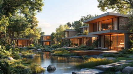 Fototapeta premium Modern houses surrounded by lush greenery and tranquil water.