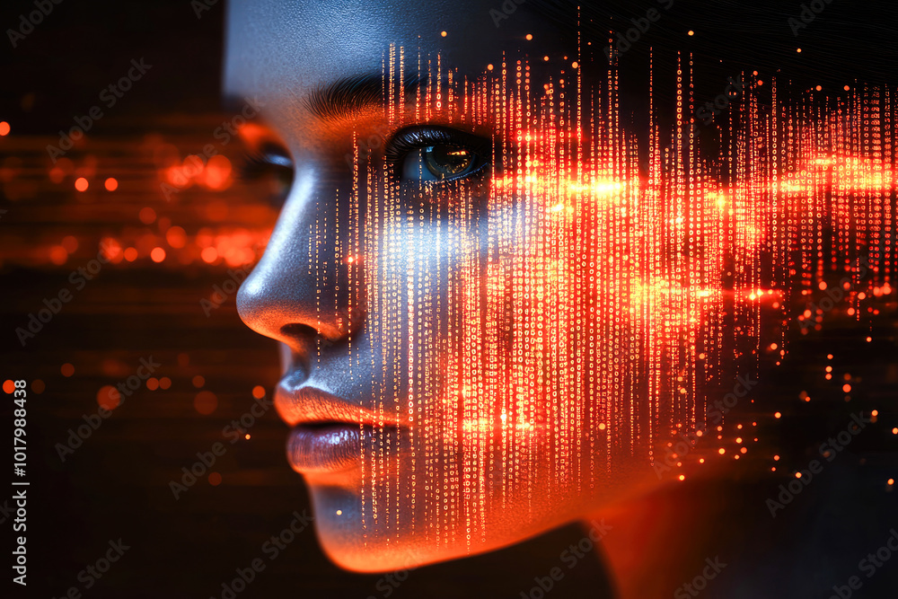 Poster a cybernetic portrait showcases a digital face adorned with glowing red matrix code, symbolizing tec