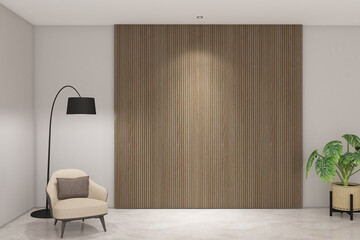 3d render of minimal design wall mock up of wood stripes panel, beige marble floor and white ceiling. Set 16 © asesidea