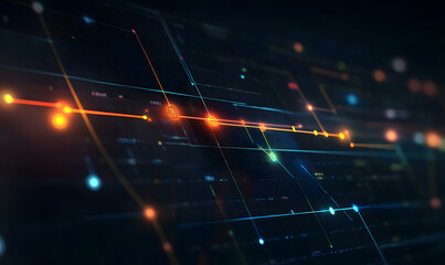 Fototapeta premium Futuristic financial dashboards and luxury business charts with glowing neon lines, gold accents, and connected nodes for corporate branding.