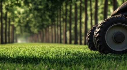 Mowing the green grass along a tree-lined path in bright daylight near a rural area