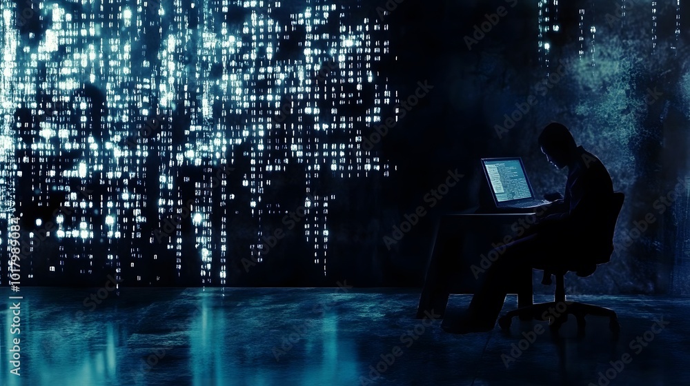 Poster silhouetted hacker working on a laptop in a dark room with a digital code background.