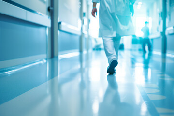 Fototapeta premium A healthcare professional in a white coat walking down a hospital corridor. The floor is shiny and reflects the light, creating a bright and clean atmosphere. medical staff, busy hospital environment.