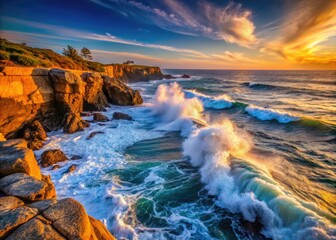 Majestic Ocean Waves Crashing Against Rugged Rocky Shoreline Under Clear Blue Sky at Sunset