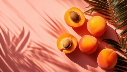 Top view Apricots fruit with palm leaves shadow on a pastel pink background.