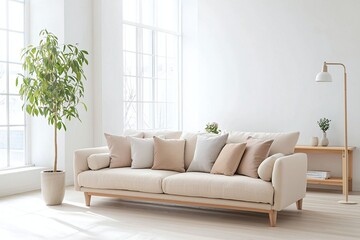 Minimalist, a japandi interior in an apartment living room with white-finished walls and cushioned sofa and table. Generative AI

