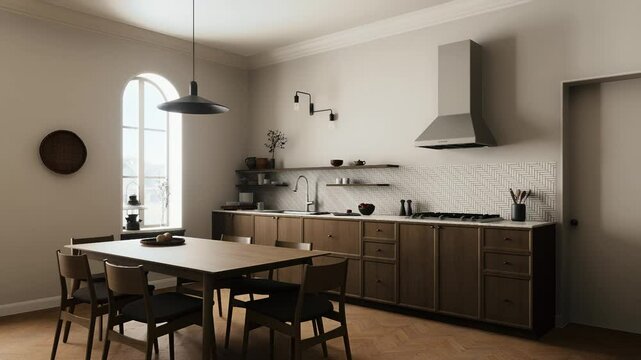 Modern kitchen interior with a dining table, elegant appliances and elegant design elements