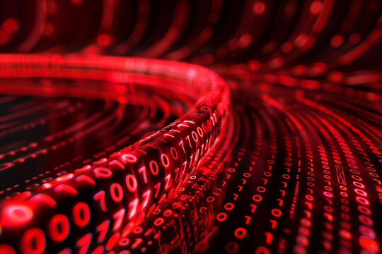 A dynamic abstract representation of binary code flowing in a red digital landscape.  glowing red numbers and lines, creating a sense of depth and movement, data transmission and technology.