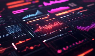 Futuristic financial dashboards and luxury business charts with glowing neon lines, gold accents, and connected nodes for corporate branding.