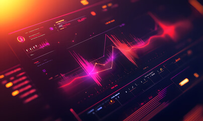 Obraz premium Futuristic financial dashboards and luxury business charts with glowing neon lines, gold accents, and connected nodes for corporate branding.