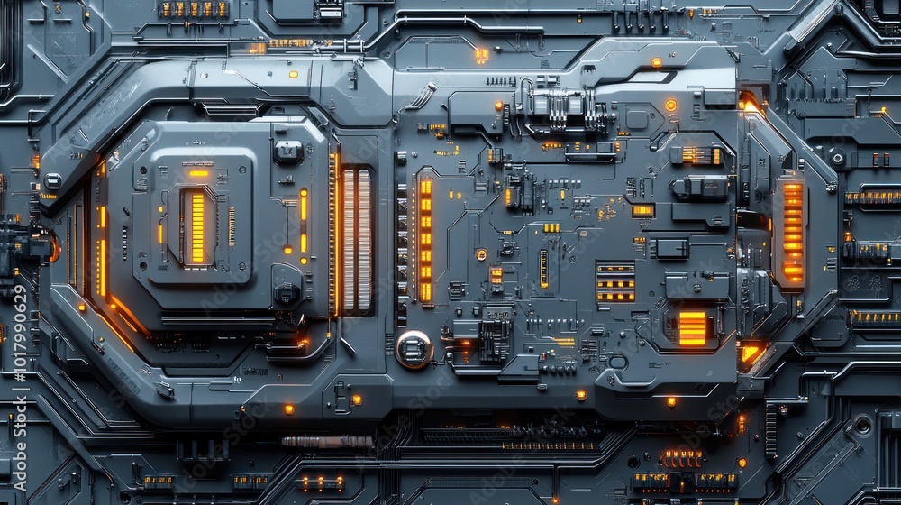 Poster futuristic circuit board with glowing elements and intricate design.