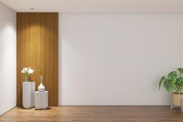 3d render of minimal design wall mock up of wood stripes panel, wood parquet floor and white...