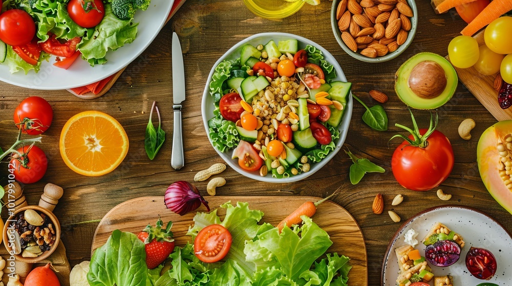 Poster the wooden table showcases an array of vibrant fruits and vegetables, along with healthy meals and n
