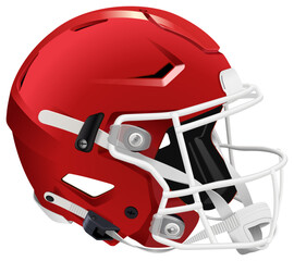 Realistic red 3D helmet for American Football with white mask and chin strap