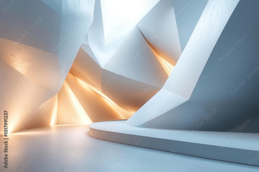 Poster a modern architectural space featuring abstract shapes and soft lighting, creating a serene and futu