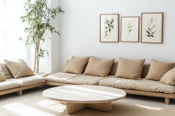 A modern Japandi interior in the living room with minimalist, art-frame hanging and sofa and bay-colored cushions and tables. Generative AI