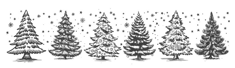 Christmas tree set on white, hand drawn illustration	
