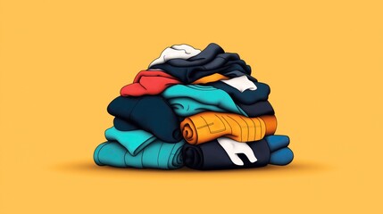 A neatly stacked pile of colorful folded clothes on a solid yellow background.