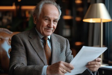 Fototapeta premium Elderly man in formal suit holding and reading a document, with a warm and inviting indoor setting in the background.