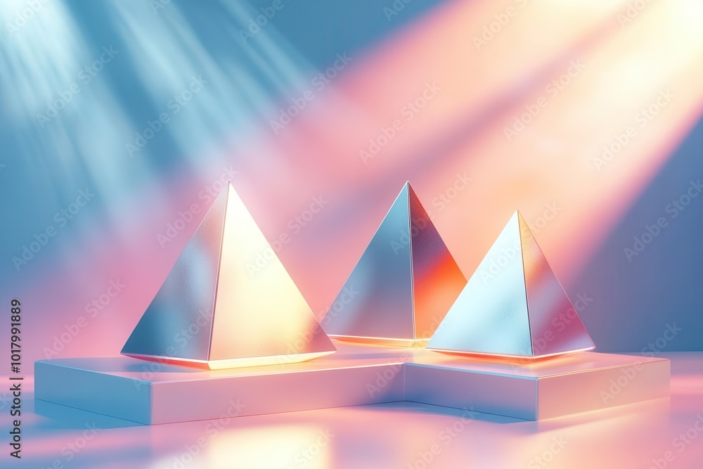 Poster a modern composition of three metallic pyramids illuminated by soft colored lights, creating a seren