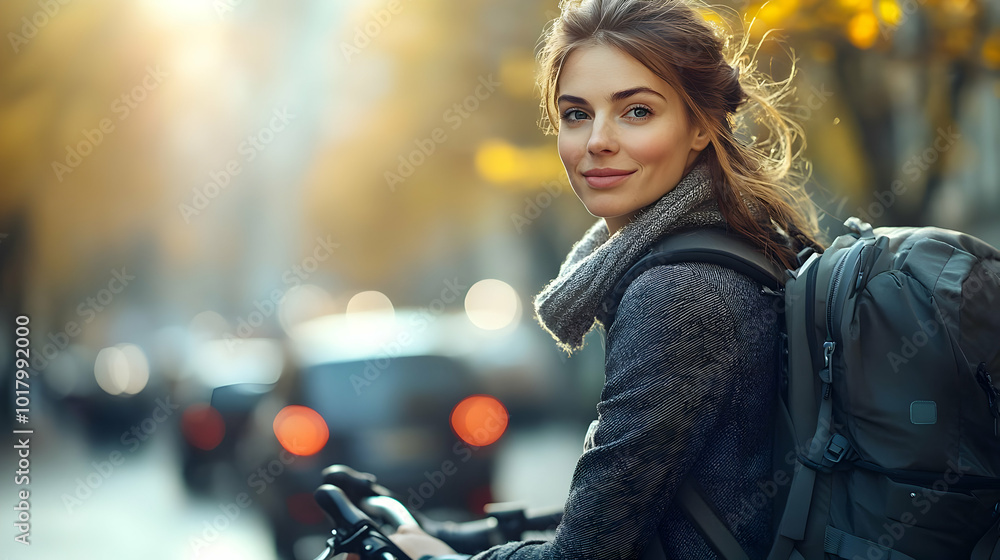 Sticker A young woman smiles while riding a bicycle in an urban setting.