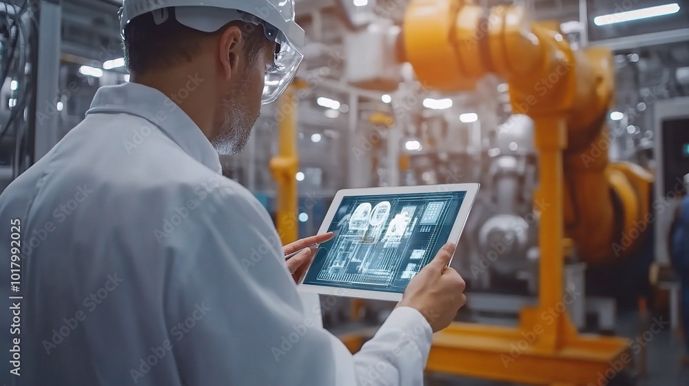 Poster engineer monitoring data in high-tech factory environment