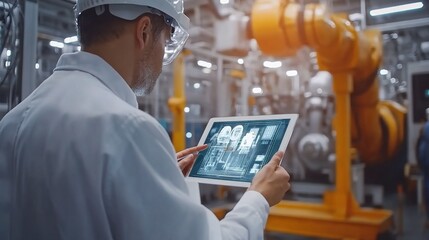 Engineer Monitoring Data in High-Tech Factory Environment