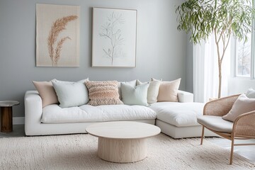 Minimalist, modern japandi interiors in apartment living rooms with hanging walls of art frames and sofas and cushions and wooden tables. Generative AI
