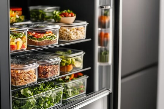 A modern fridge filled with fresh vegetables, fruits, and healthy meal prep containers, promoting organization and healthy eating.