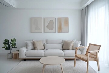 Minimalist, modern japandi interiors in apartment living rooms with hanging walls of art frames and sofas and cushions and wooden tables. Generative AI
