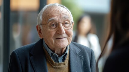 Elderly man in a suit conversing with another person indoors, showcasing connection and wisdom.