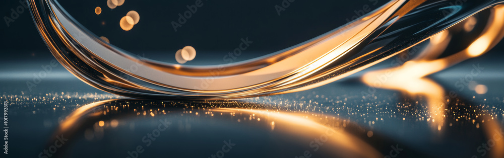 Poster a smooth glass surface reflecting sparkling light in an artistic arrangement during evening hours. w