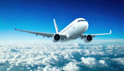 Obraz premium White passenger plane flying in the sky with amazing clouds in the background 