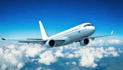 Obraz premium White passenger plane flying in the sky with amazing clouds in the background 