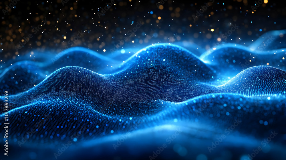 Poster abstract digital waves with glowing particles in a dark space.