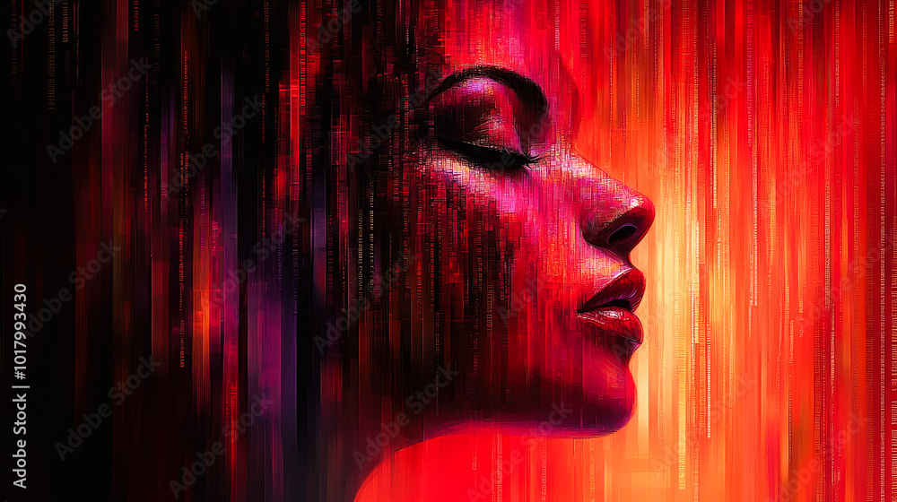 Poster a striking digital profile in red hues, featuring data streams and technological elements in a moder