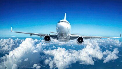 Fototapeta premium White passenger plane flying in the sky with amazing clouds in the background 