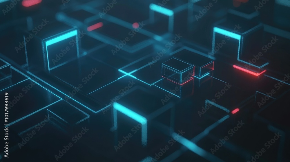 Poster 3d render of a phone with interconnected digital blocks, symbolizing blockchain technology.