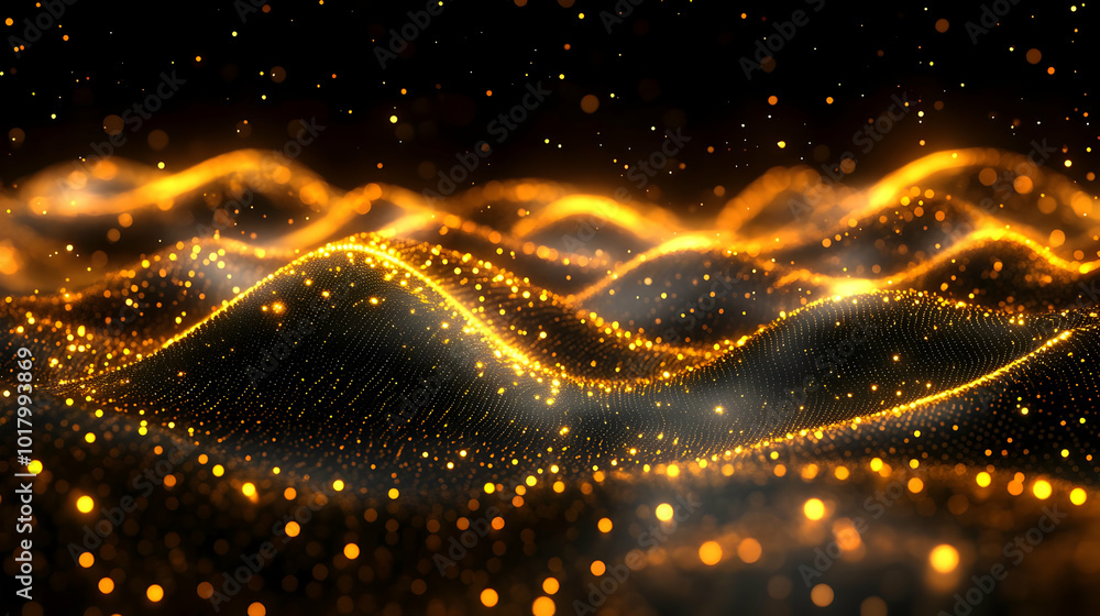 Poster abstract golden waves with sparkling particles in a dark background.
