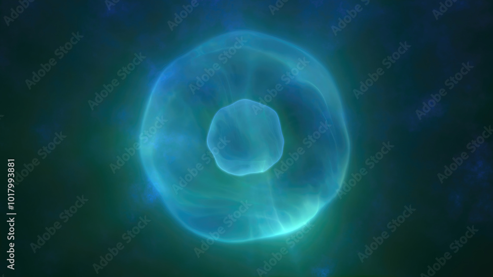 Poster a glowing ethereal green sphere with a soft flowing core floating against a dark mysterious backgrou
