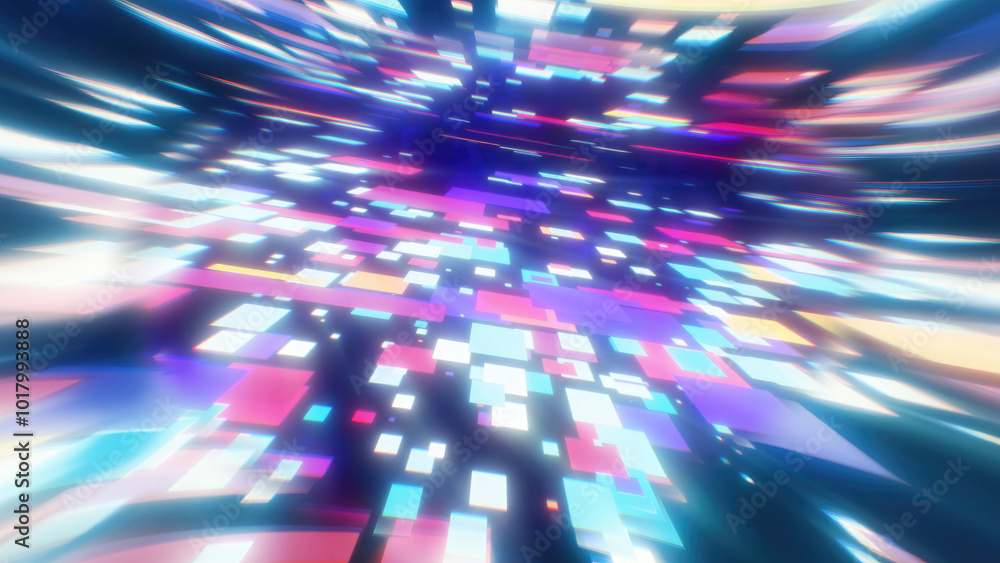 Poster a vibrant, abstract featuring colorful glowing squares in motion, creating a dynamic and futuristic 