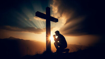 Silhouette of a man kneeling in prayer near a wooden cross