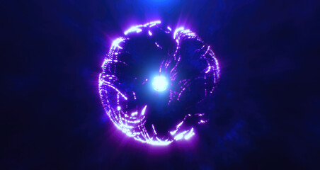 Vibrant purple sphere of light particles in motion on a dark background, creating a sense of cosmic energy and futuristic innovation