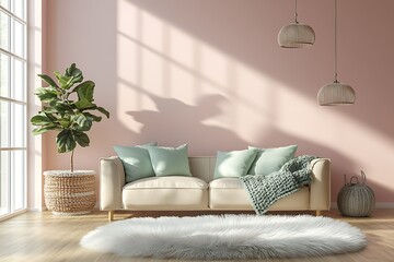 Cozy living room with soft furnishings and plants.