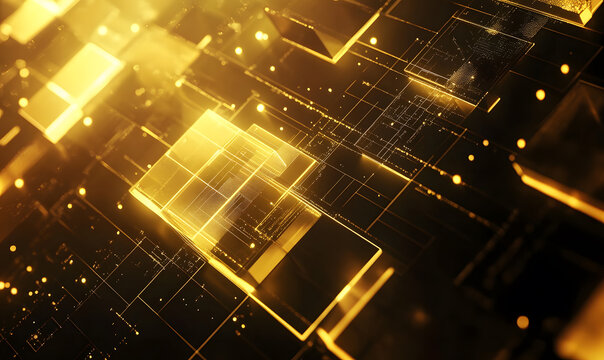 Futuristic financial dashboards and luxury business charts with glowing neon lines, gold accents, and connected nodes for corporate branding.