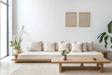 Minimalist, contemporary Japandi interiors in the living room with white-finished walls and fluffy sofas and tables. Generative AI