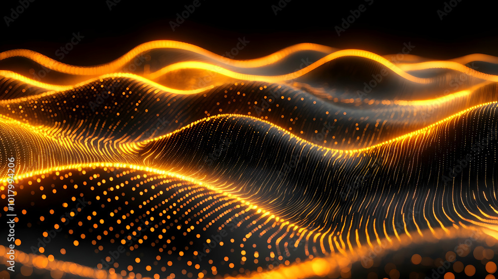 Poster abstract representation of flowing waves with glowing particles.