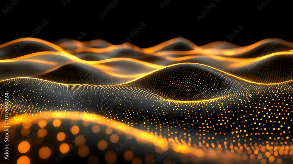 Poster abstract representation of flowing waves with glowing particles.