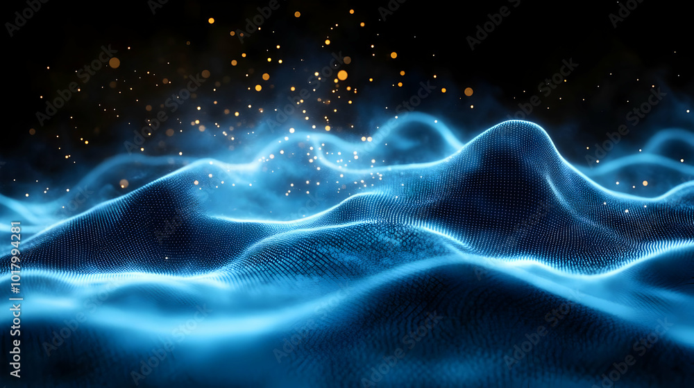 Poster abstract representation of glowing waves with sparkling particles.
